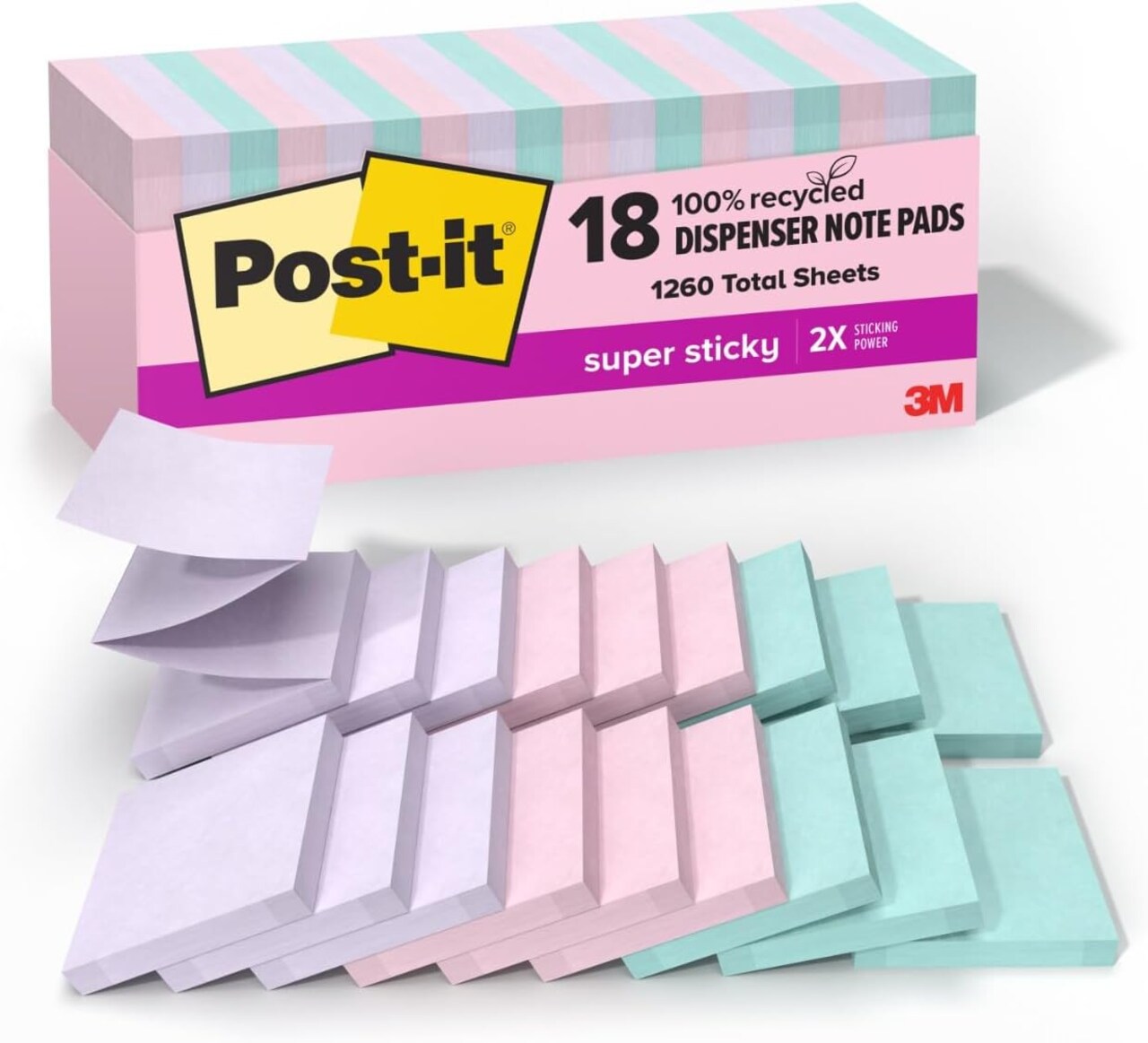 100% Recycled Paper Super Sticky Pop-up Notes, 18 Sticky Note Pads, 3 in. x 3 in.,Wanderlust Pastels, School Supplies and Office Products